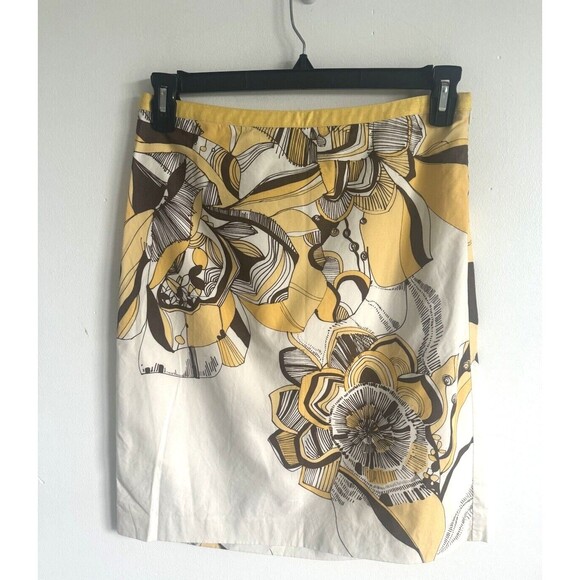 Ann Taylor LOFT A-Line Skirt Floral Yellow White Brown 100% Cotton SIZE 4 - Picture 1 of 9